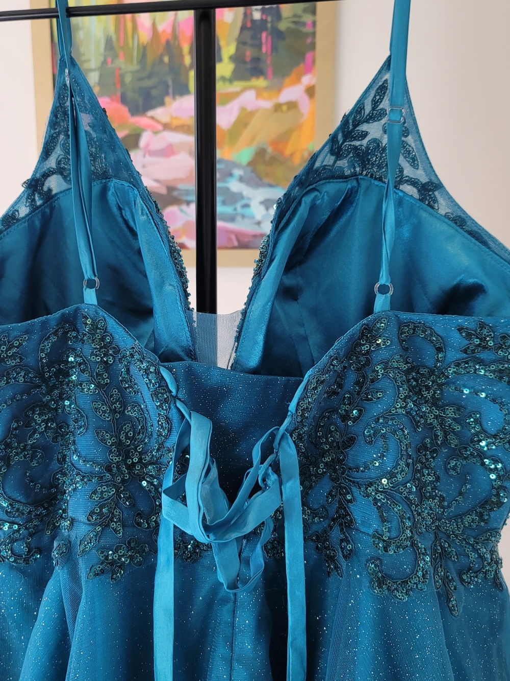 NWOT Teal Sequin Tulle Short Party Prom Cocktail Dress Glitter Size 16 - Picture 5 of 12